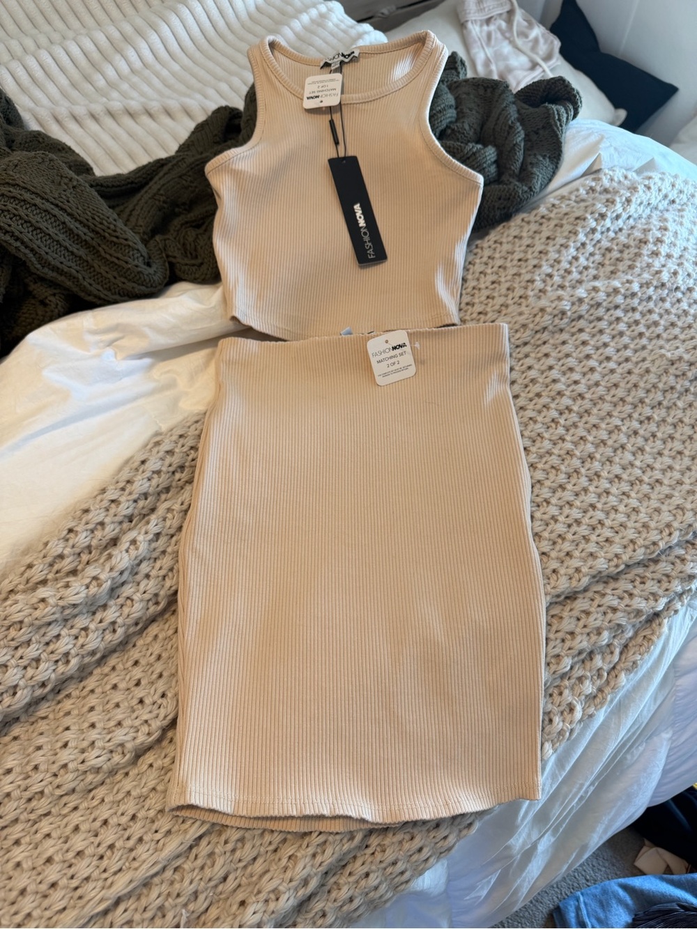 Fashion Nova Izzy Snatched Cream Ribbed Tank Top and Skirt Set s/ xs
